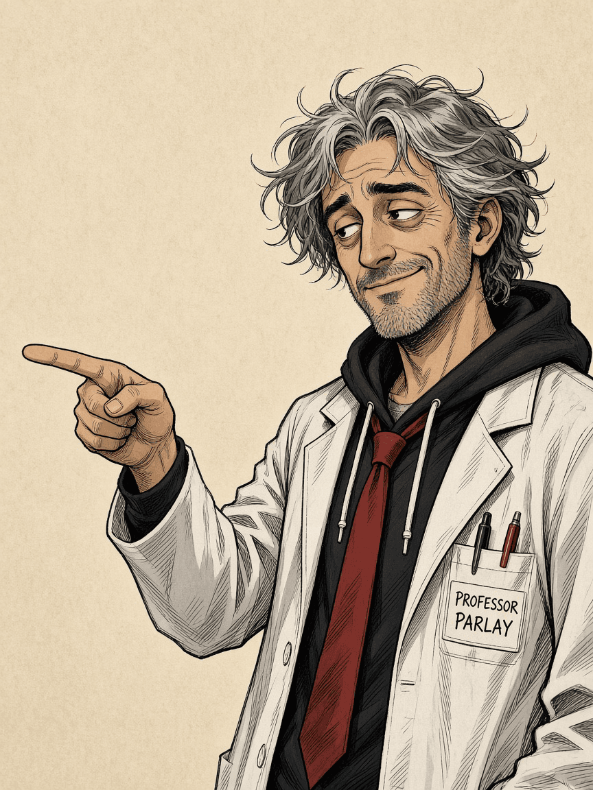 Professor Parlay in a lab coat and hoodie, pointing toward the signup form